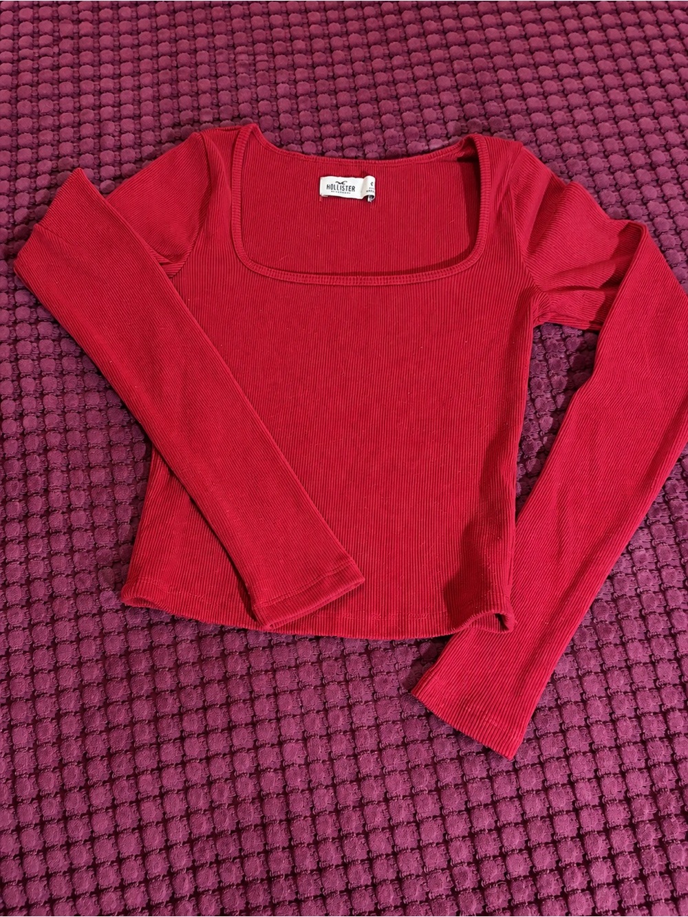 Hollister Red Ribbed Square-Neck Long Sleeve Tee